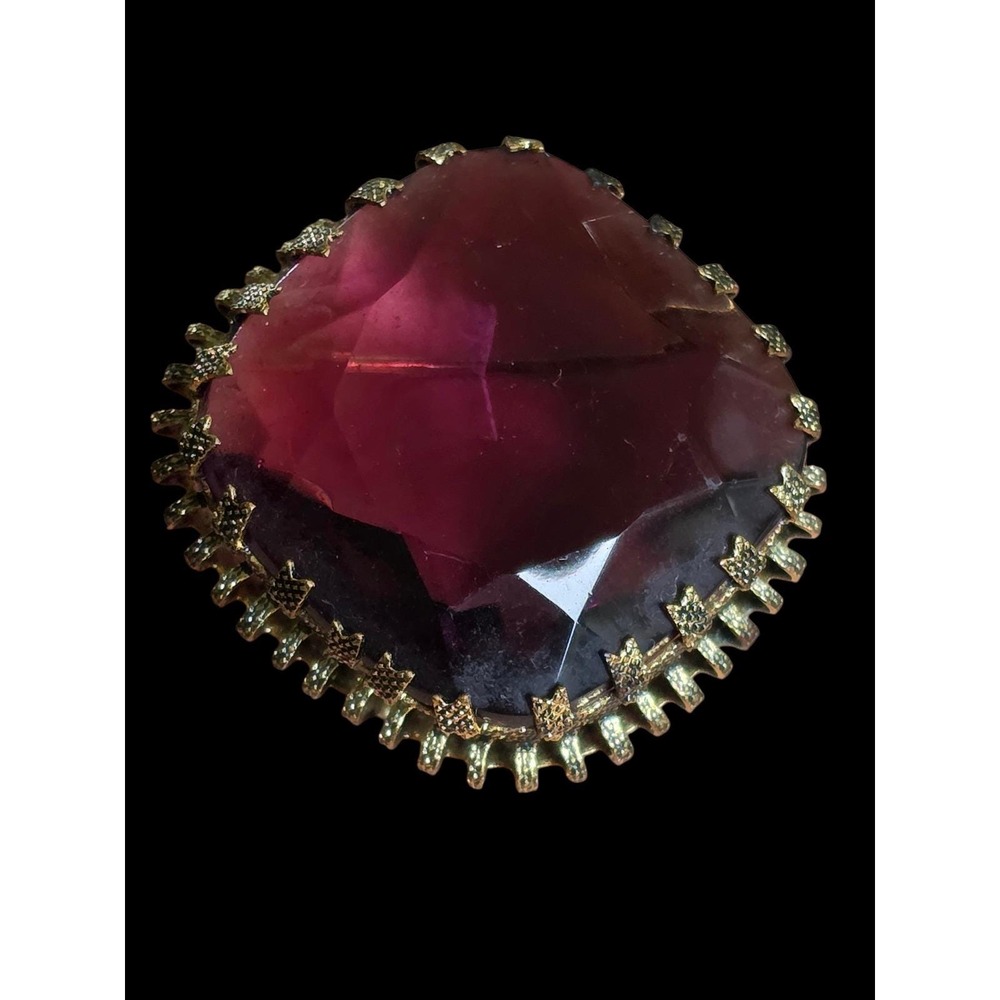 Vintage West Germany Purple Faceted Glass Brooch Gold Tone Star Prong Setting